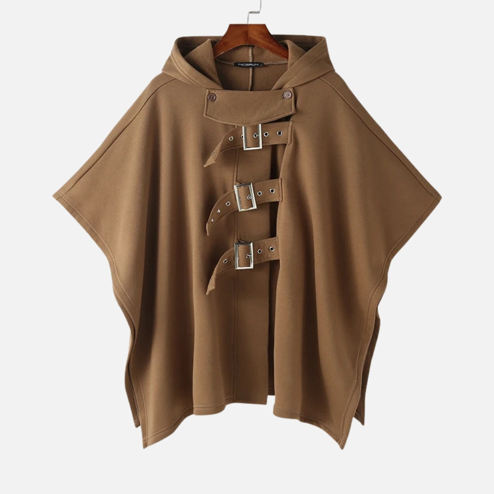Cape poncho homme coton beige capuche trois boucles ajustables vue de face