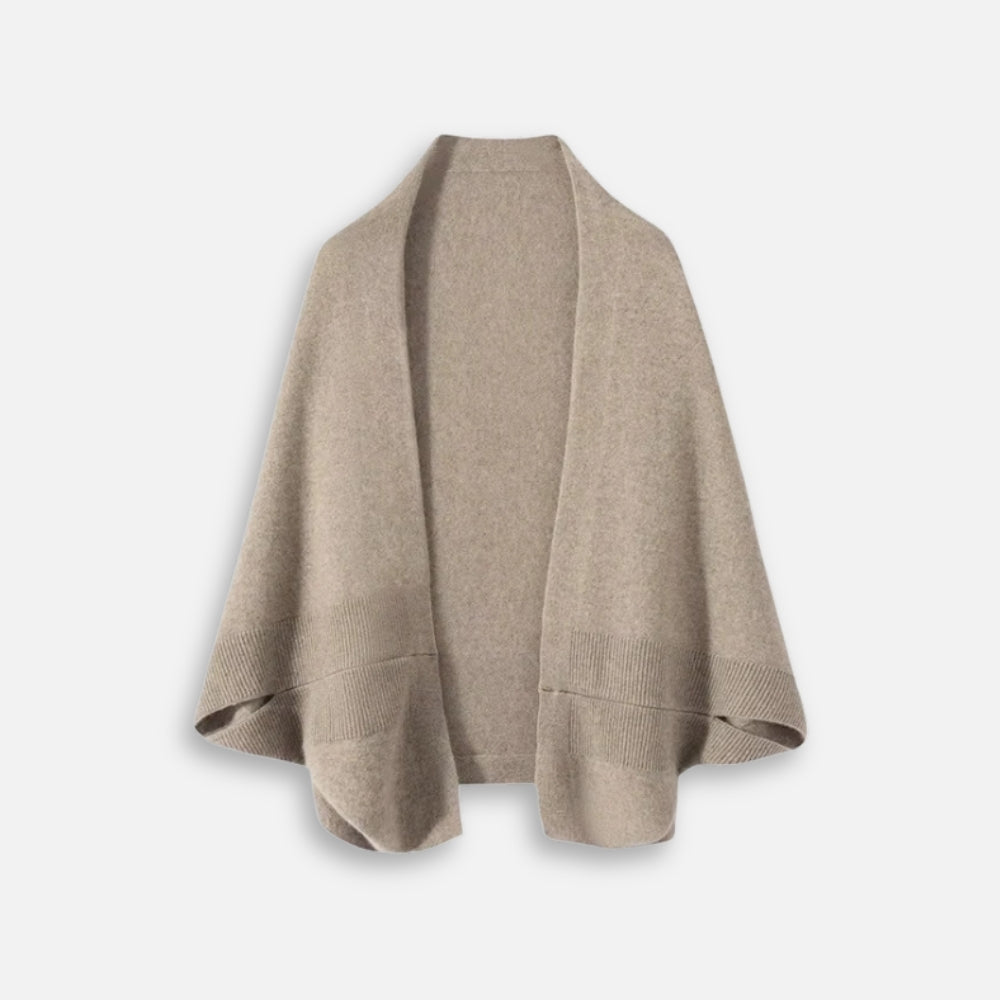 Cape poncho laine femme beige bords côtelés coupe fluide vue de face à plat