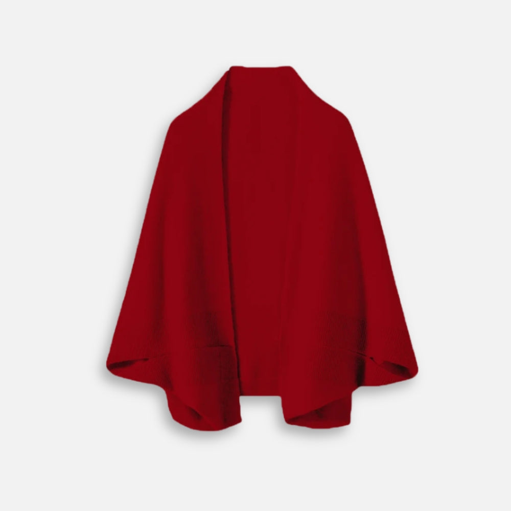 Cape poncho laine femme rouge bords côtelés coupe fluide mi-saison vue de face