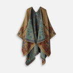 Cape poncho long femme réversible ocre motif bohème ouvert vue de face à plat
