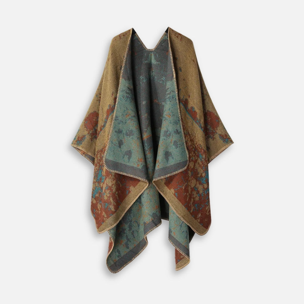 Cape poncho long femme réversible ocre motif bohème ouvert vue de face à plat