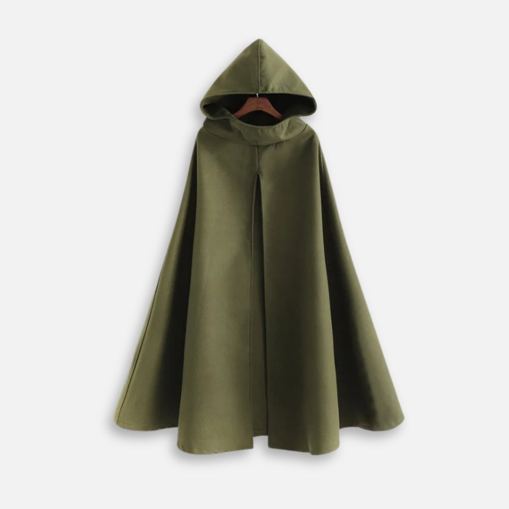 Cape poncho longue kaki avec capuche intégrée, coupe ample, vue de face sur cintre