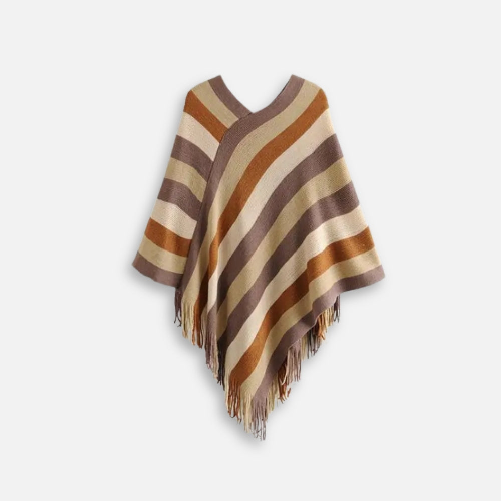 Cape poncho mexicain femme rayures marron beige orange franges col V vue de face