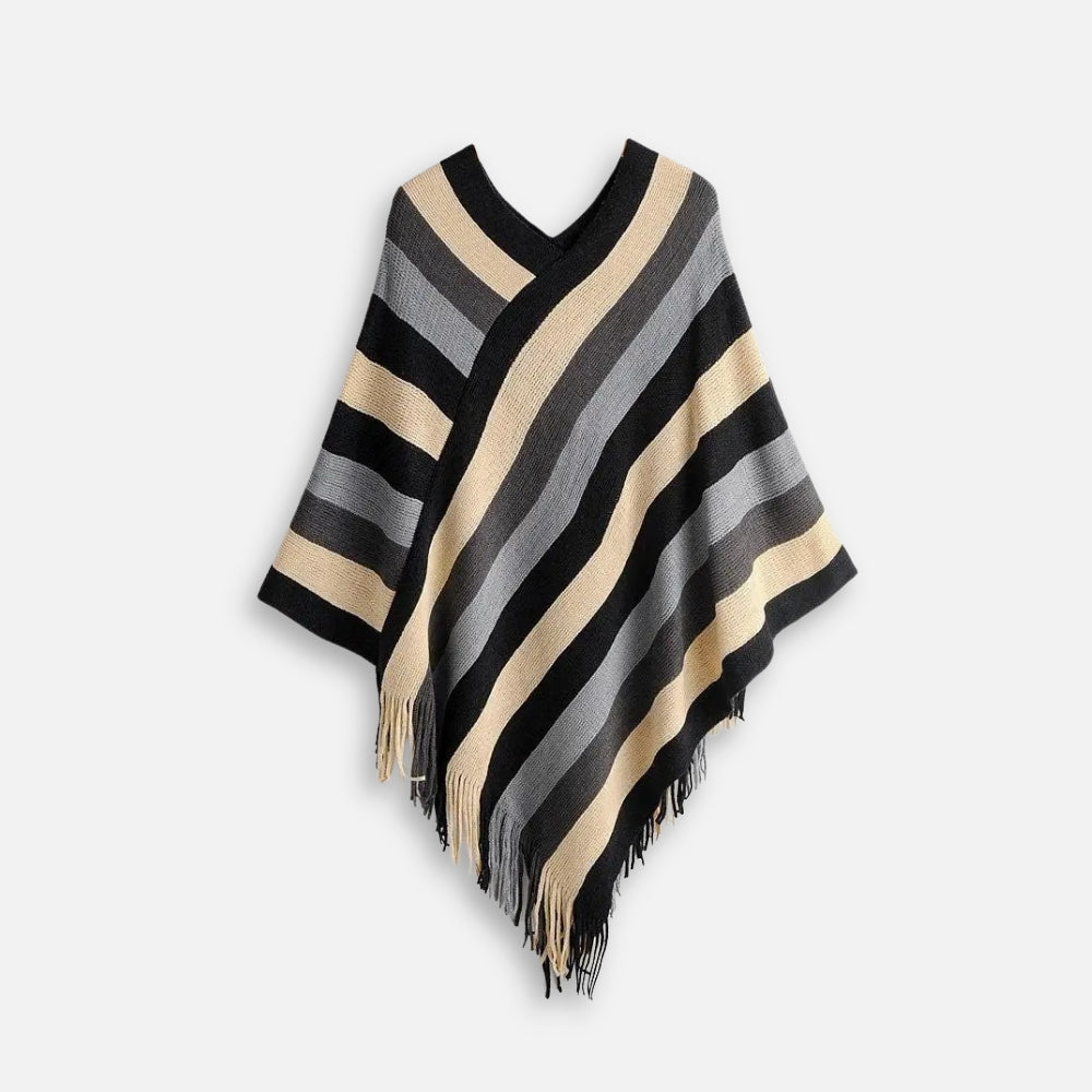 Cape poncho rayée noir beige gris col V avec franges, vue de face sur fond blanc