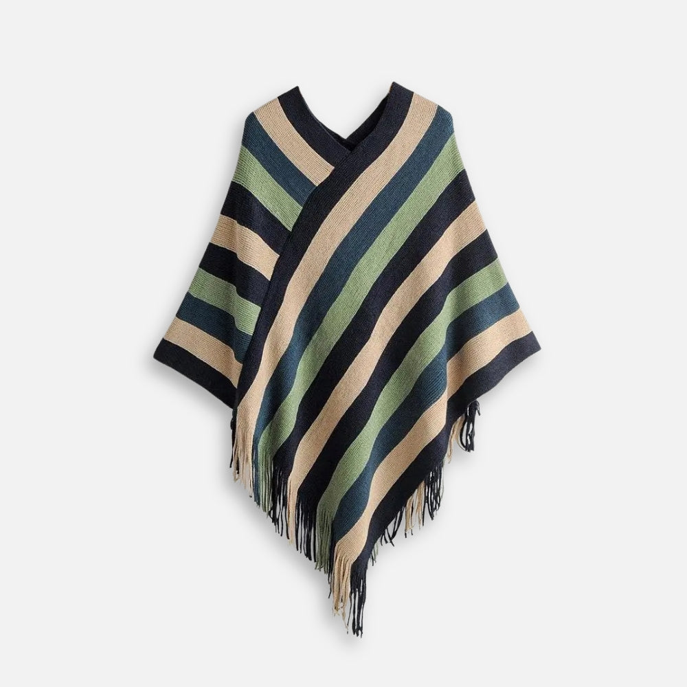 Cape poncho mexicain femme rayures noires vertes beiges col V franges