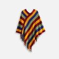 Cape poncho mexicain femme rayures colorées bleu rouge jaune vert franges col V