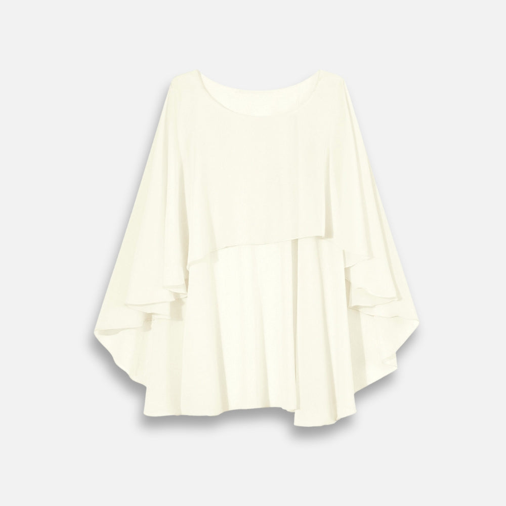 Cape poncho mousseline femme blanc ivoire manches larges présentée de face sur fond gris