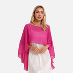 Cape poncho mousseline femme rose fuchsia manches larges portée vue de face