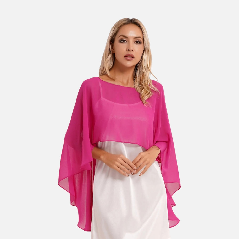 Cape poncho mousseline femme rose fuchsia manches larges portée vue de face