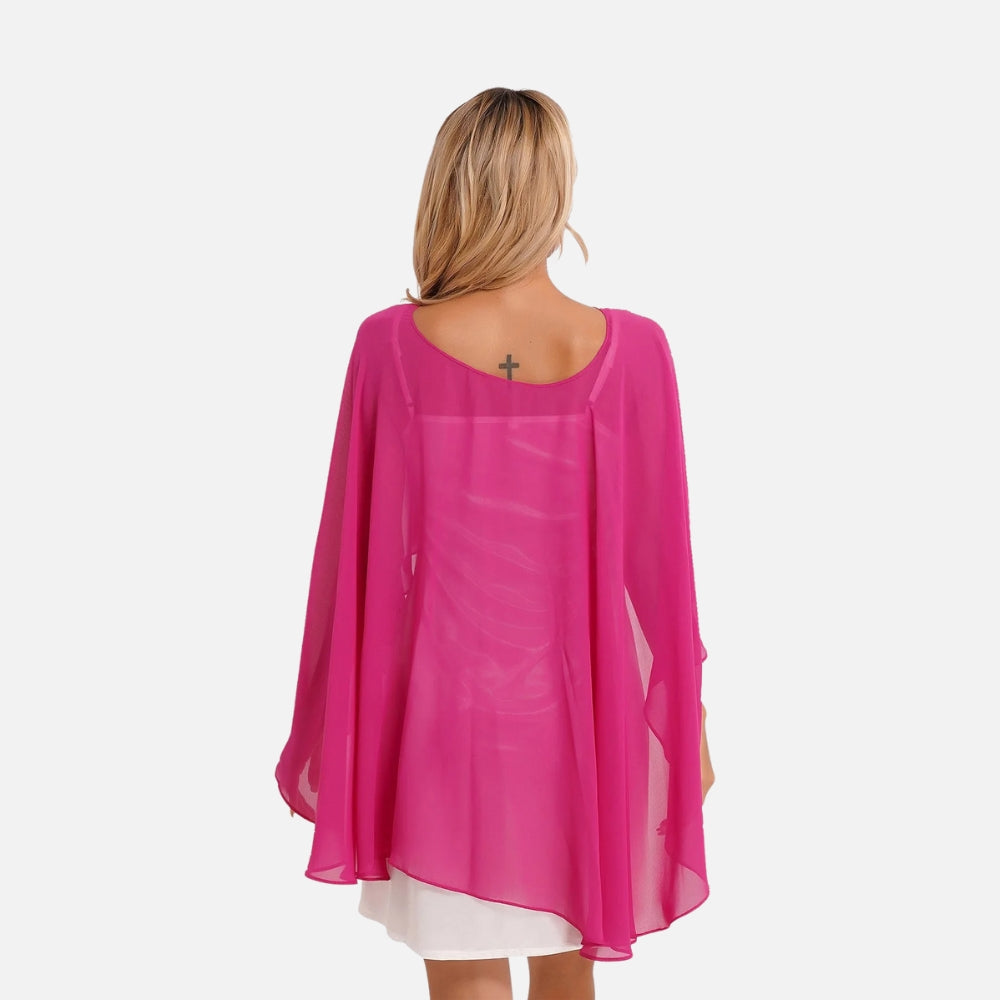 Cape poncho mousseline femme rose fuchsia manches larges vue de dos portée