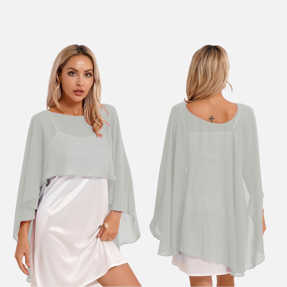 Cape poncho mousseline femme vue de face et dos, manches larges, coloris blanc crème, détail cross dos