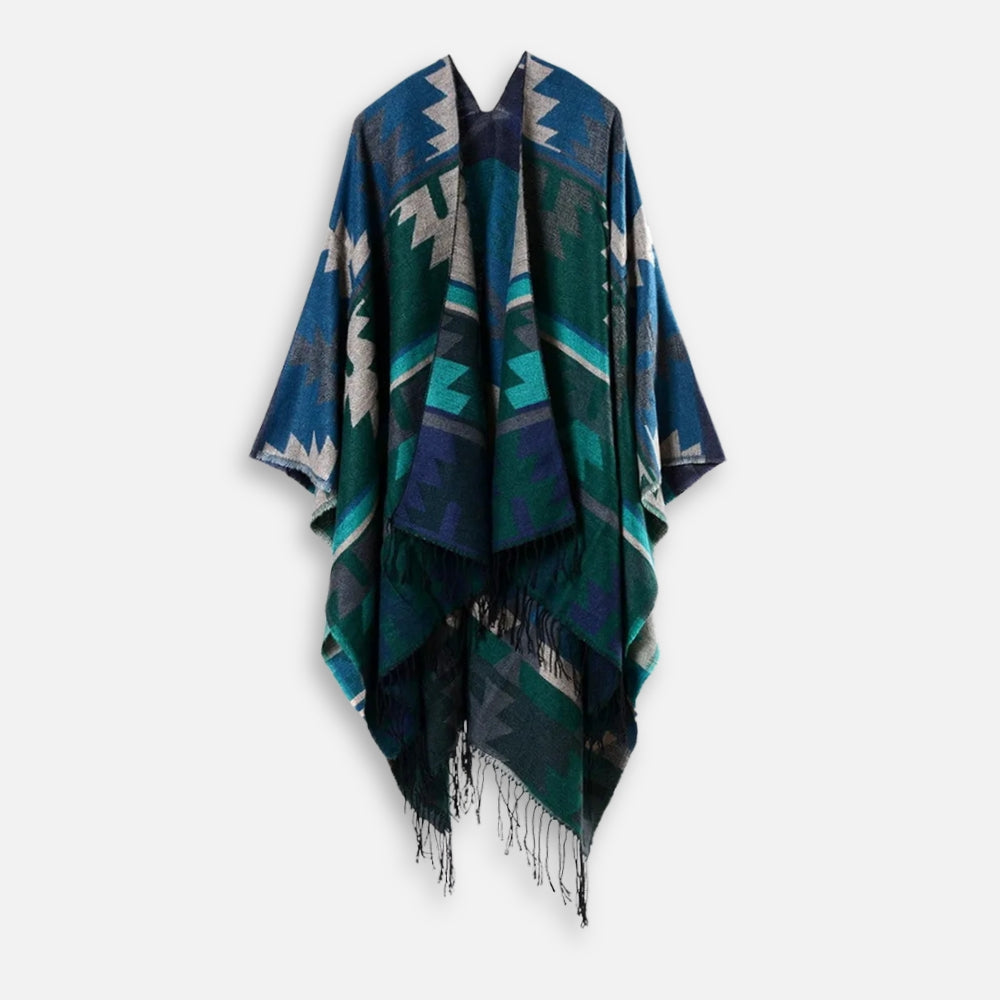 Cape poncho ouvert bleu turquoise vert franges motifs géométriques péruviens femme