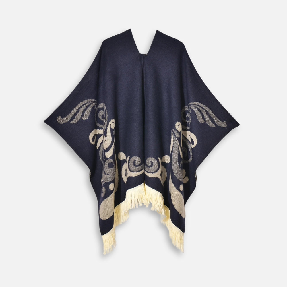 Cape poncho péruvien bleu marine à motifs ailes dorés et franges crème col V ouvert