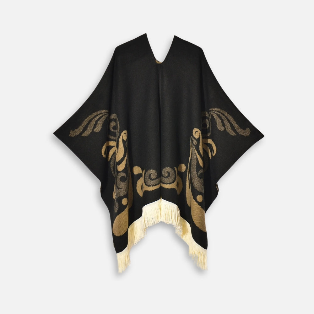 Cape poncho péruvien noir femme avec motifs ailes dorés et franges crème col V ouvert