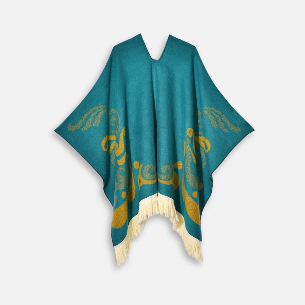 Cape poncho péruvien turquoise motifs ailes dorées franges crème col V ouvert