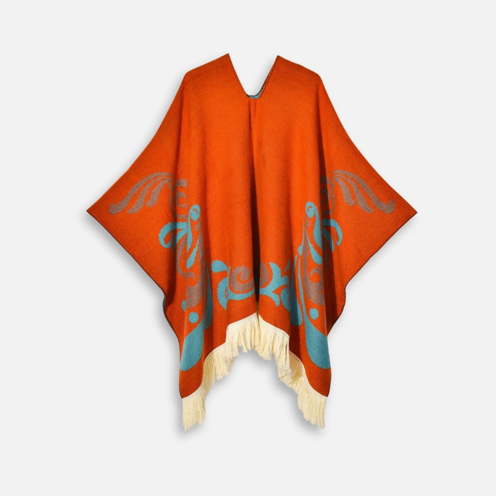 Cape poncho péruvien orange à motifs ailes turquoise, franges crème, col V ouvert