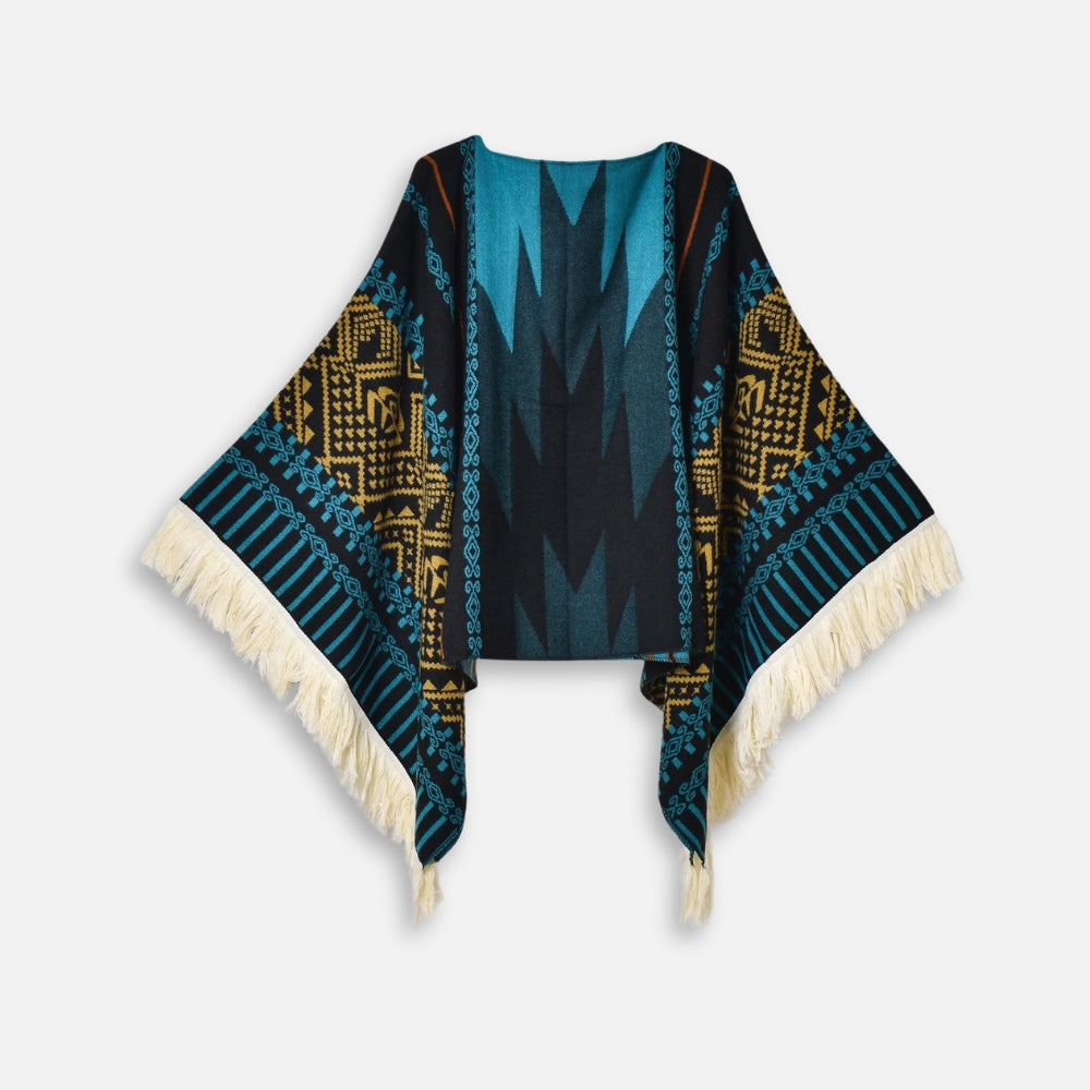 Cape poncho péruvien bleu noir et or à franges écru, motifs andins géométriques, ouvert devant