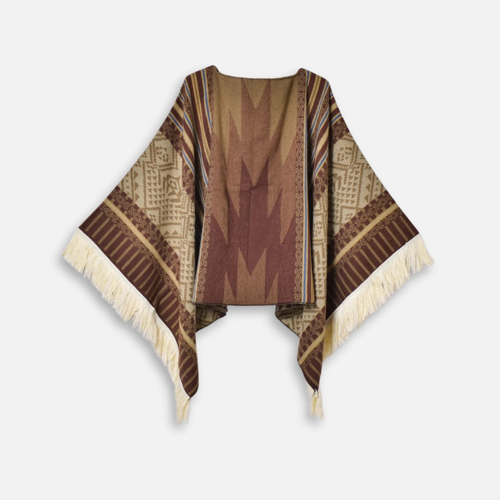 Cape poncho péruvien marron beige à franges, motifs andins géométriques, ouvert devant
