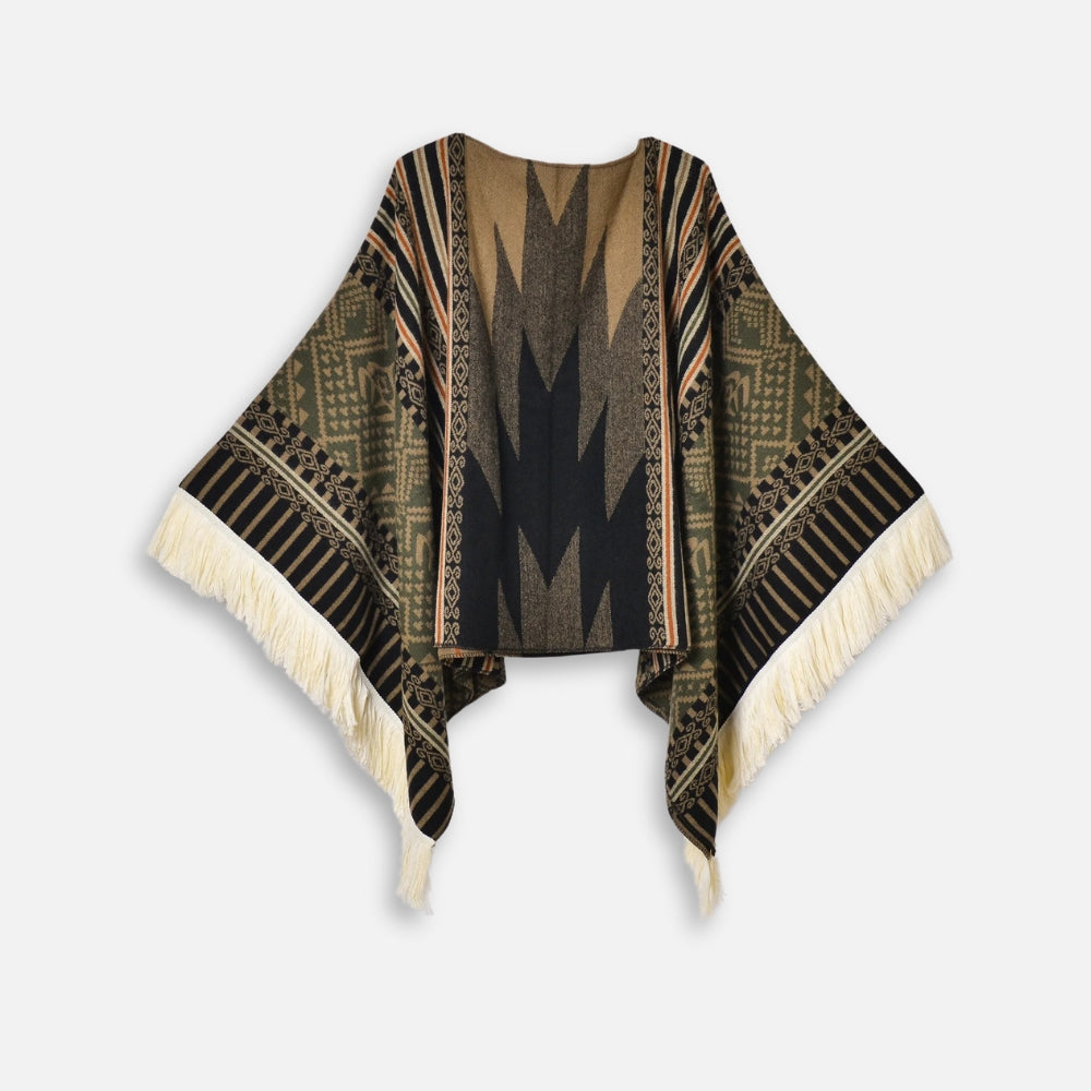 Cape poncho péruvien avec motifs andins géométriques, franges crème, couleurs noir beige kaki