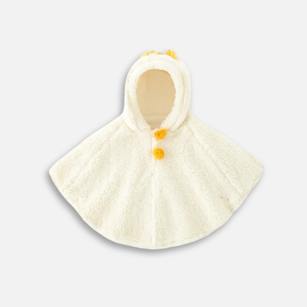 Cape poncho polaire bébé écru avec capuche couronne et pompons jaunes