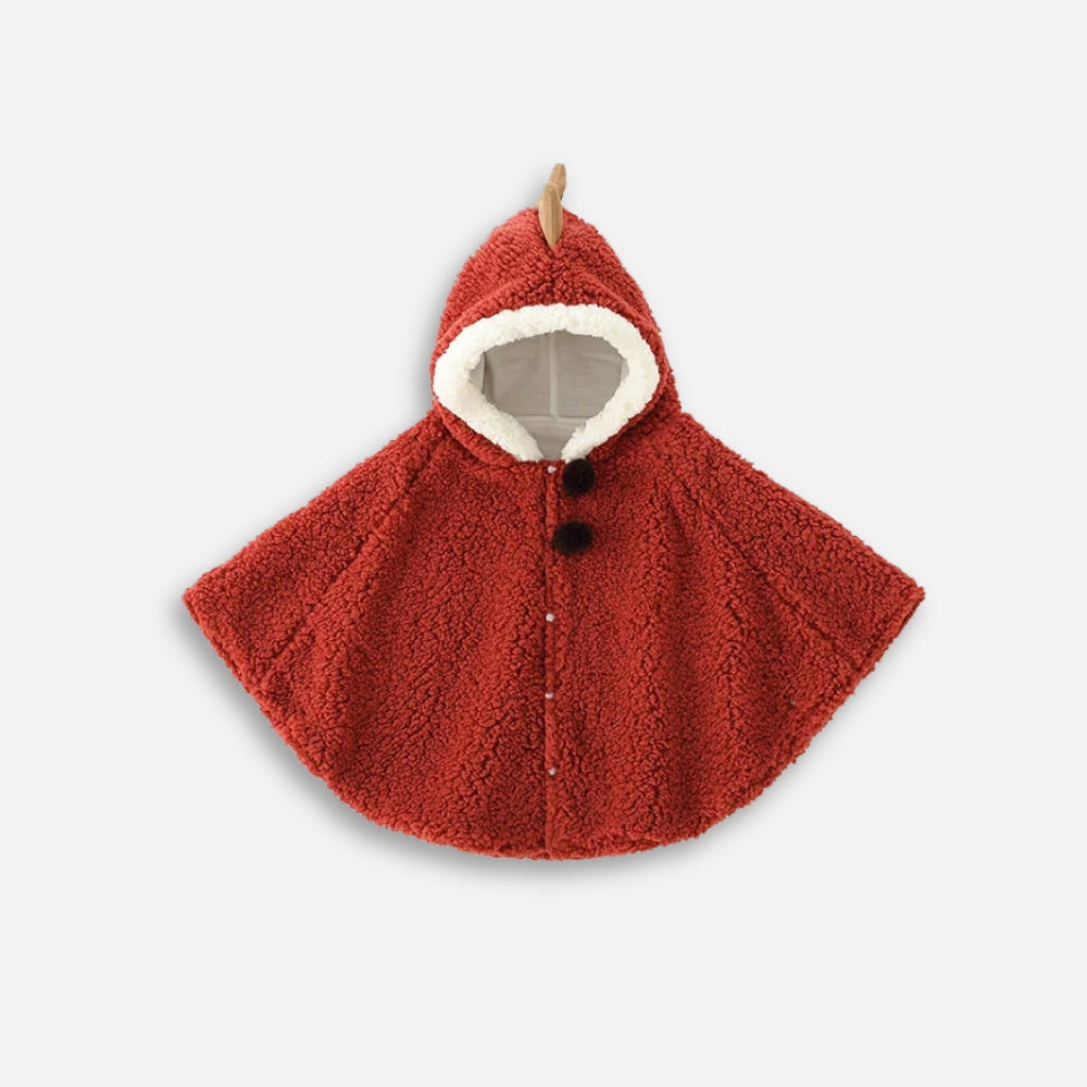 Cape poncho polaire bébé rouge à capuche dinosaure avec doublure crème et boutons pression