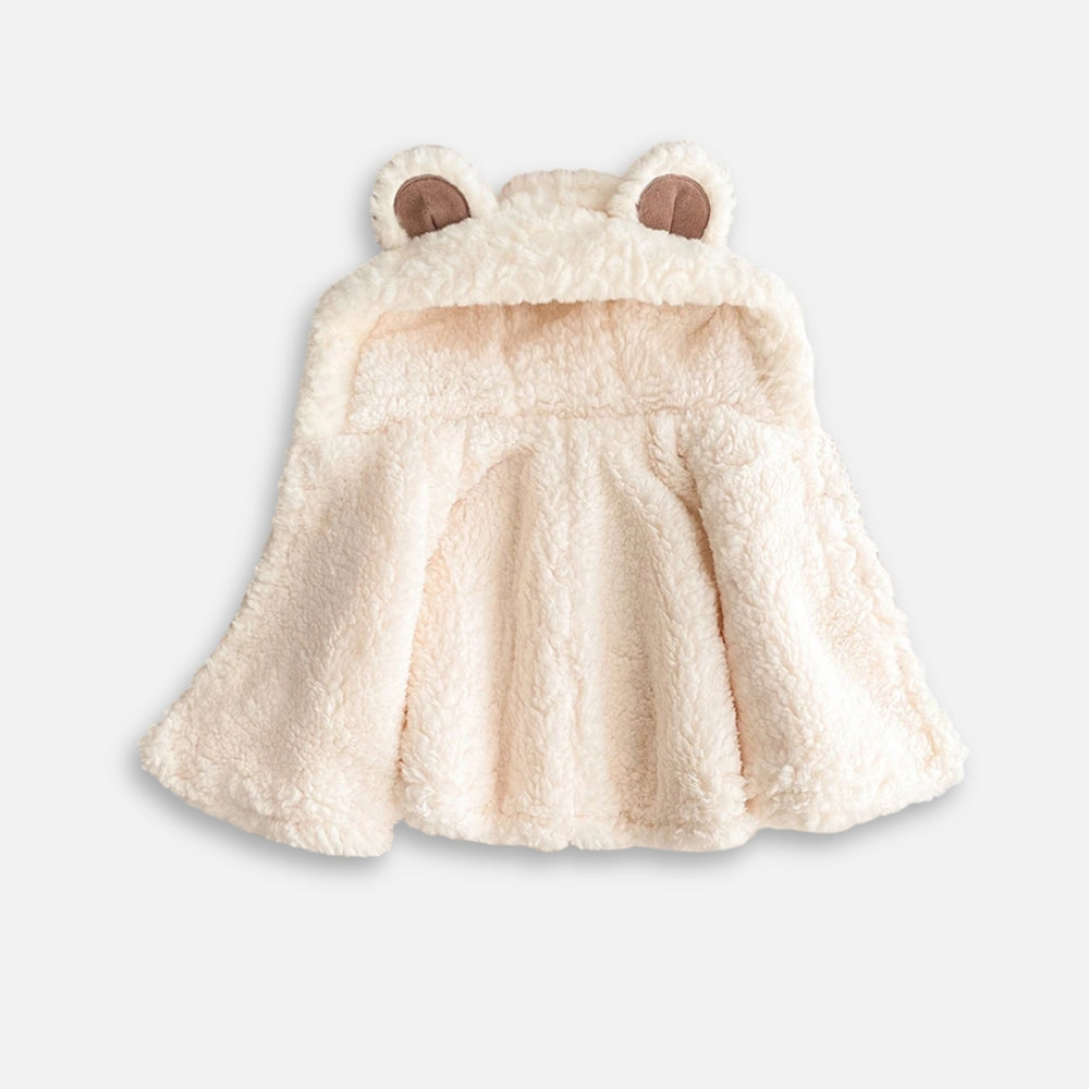 Cape poncho bébé polaire blanc cassé avec capuche oreilles ours, vue de face