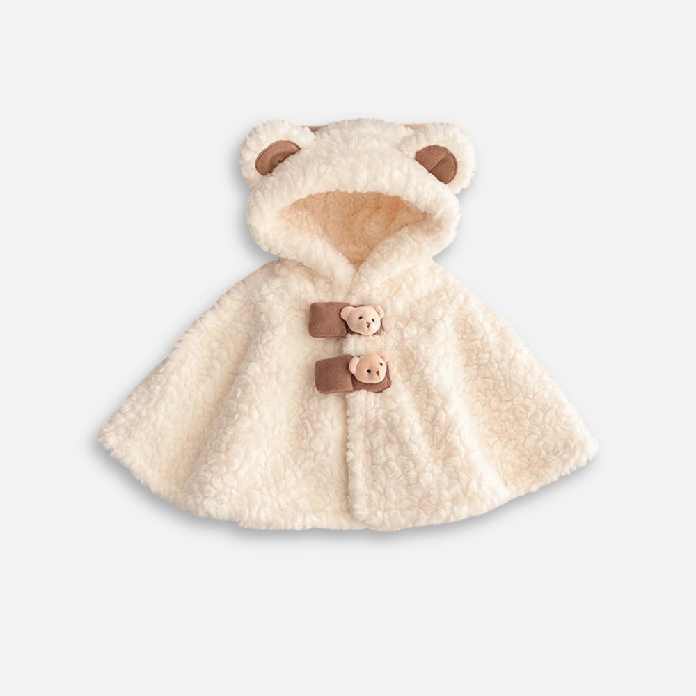 Cape poncho bébé blanc cassé avec capuche oreilles ours et boutons marron