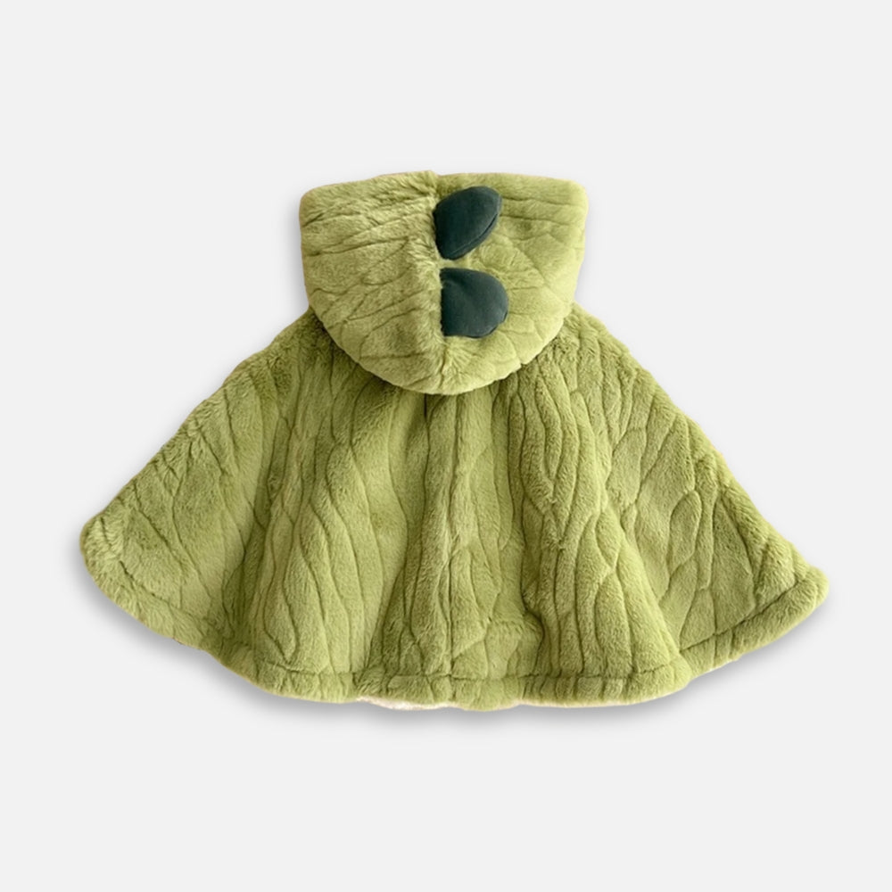 Cape poncho polaire bébé verte avec capuche oreilles dinosaure, vue de face à plat