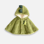 Cape poncho bébé vert avec capuche dinosaure oreilles et doublure polaire écrue