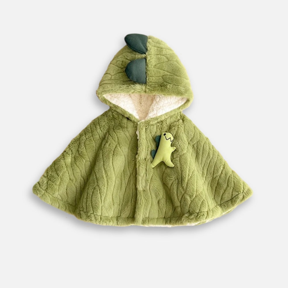 Cape poncho bébé vert avec capuche dinosaure oreilles et doublure polaire écrue