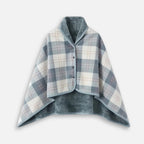Cape poncho polaire femme carreaux bleu gris avec boutons pression à plat
