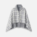 Cape poncho polaire femme carreaux gris blanc avec boutons pression vue de face