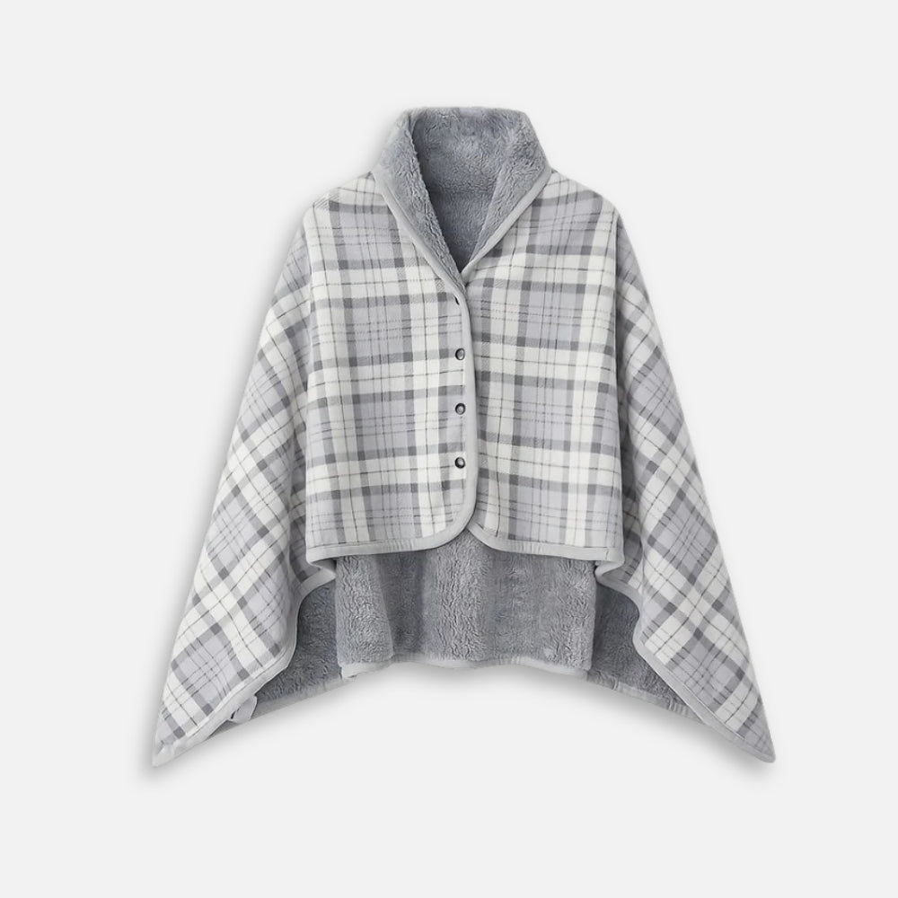Cape poncho polaire femme carreaux gris blanc avec boutons pression vue de face