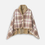 Cape poncho polaire femme col montant à carreaux beige avec boutons pression