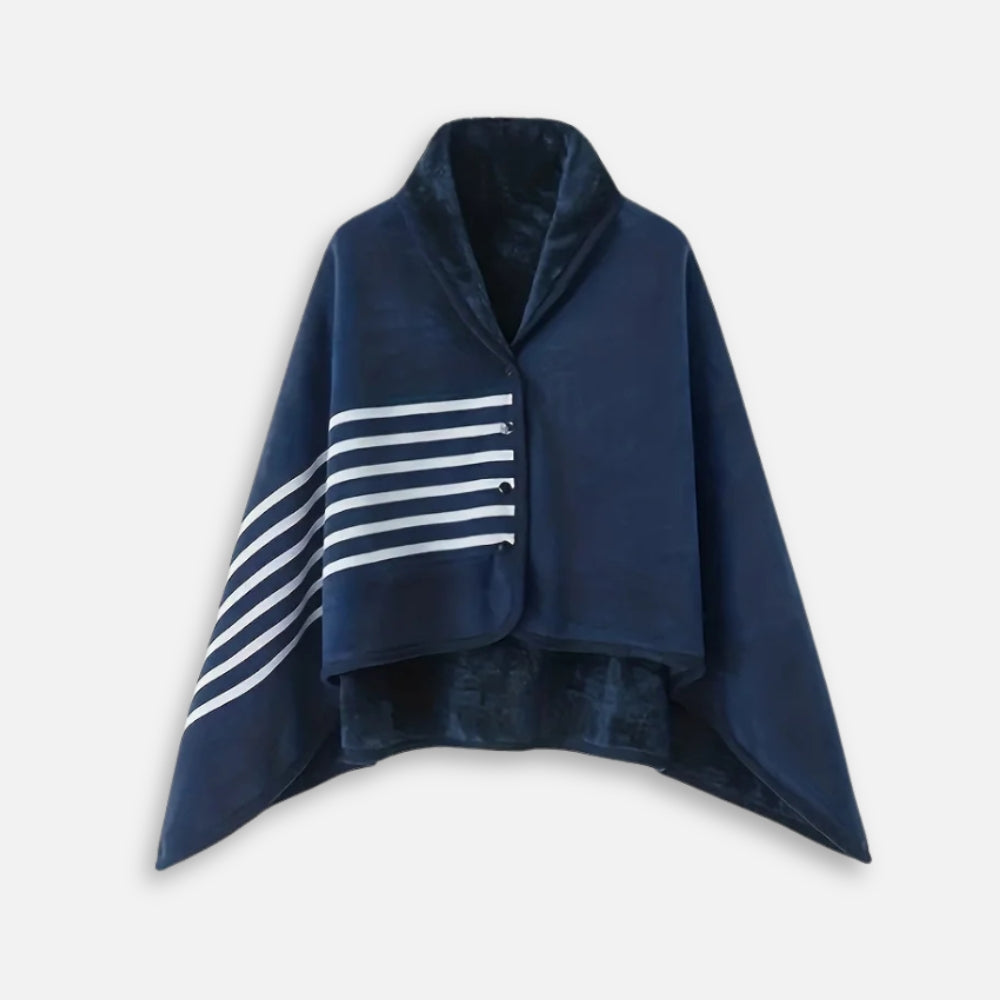 Cape poncho polaire femme bleu marine col montant avec rayures blanches et boutons pression