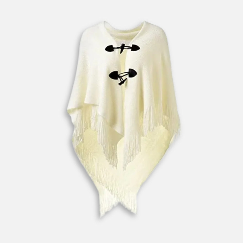 Cape poncho tricot femme crème franges col châle boutons noirs vue de face
