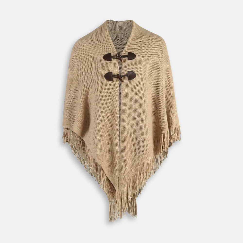 Cape poncho tricot femme beige clair avec franges et boutons bois marron