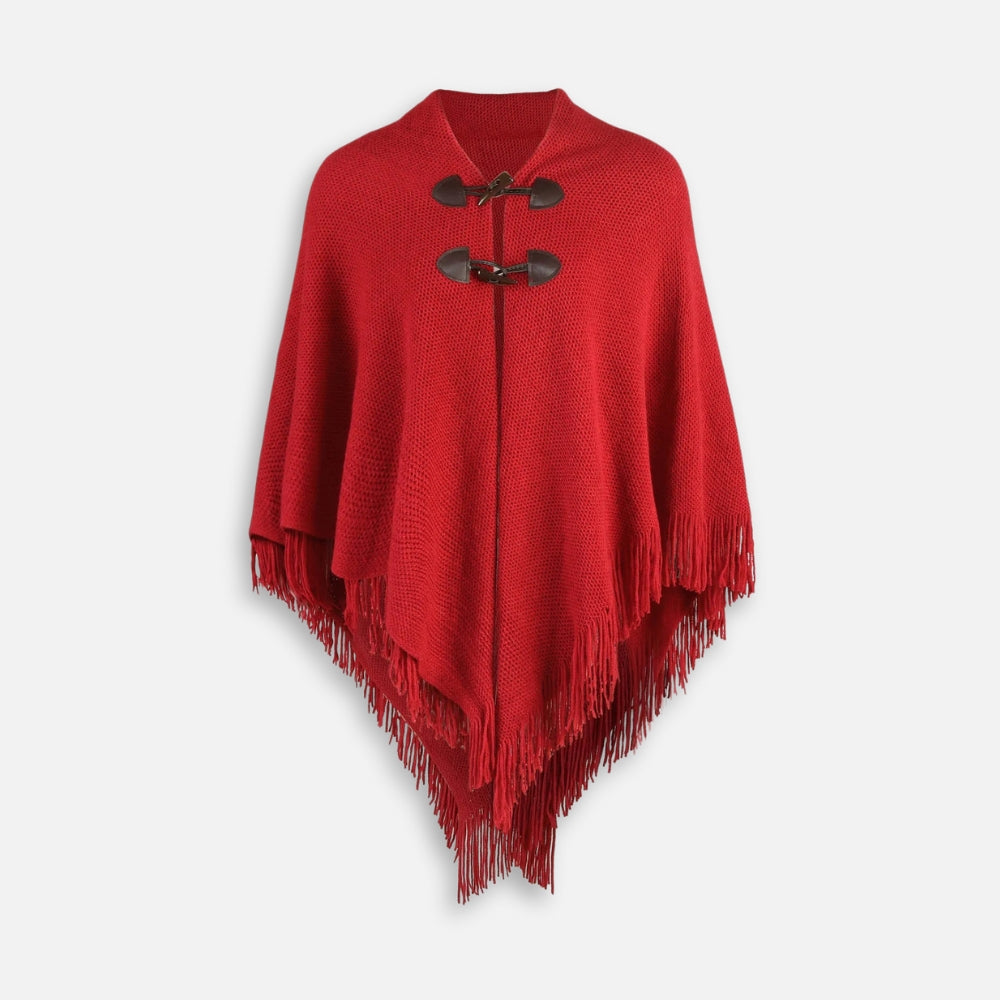 Cape poncho tricot rouge femme avec franges col châle et boutons gris