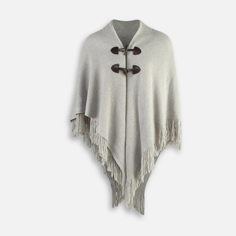 Cape poncho tricot femme gris clair franges boutons marron col châle