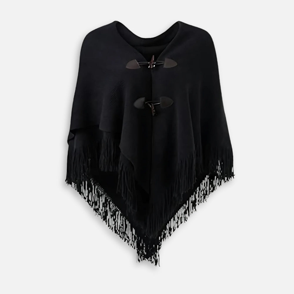 Cape poncho tricot femme noir franges col châle avec boutons gris, vue de face sur fond blanc