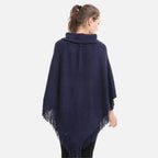 Cape poncho tricot femme col châle avec franges, coloris bleu marine, vue de dos