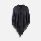 Cape poncho femme gris anthracite à franges, col châle avec boutons, vue de face