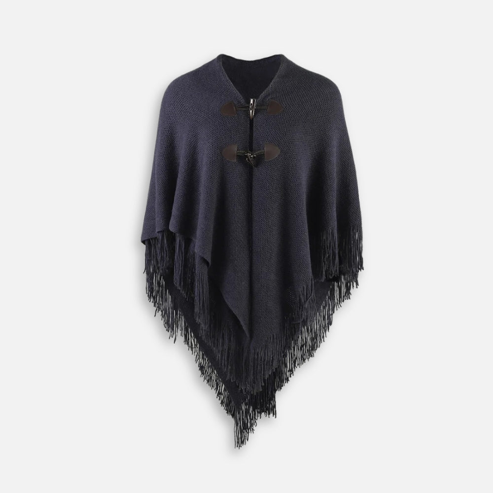 Cape poncho femme gris anthracite à franges, col châle avec boutons, vue de face