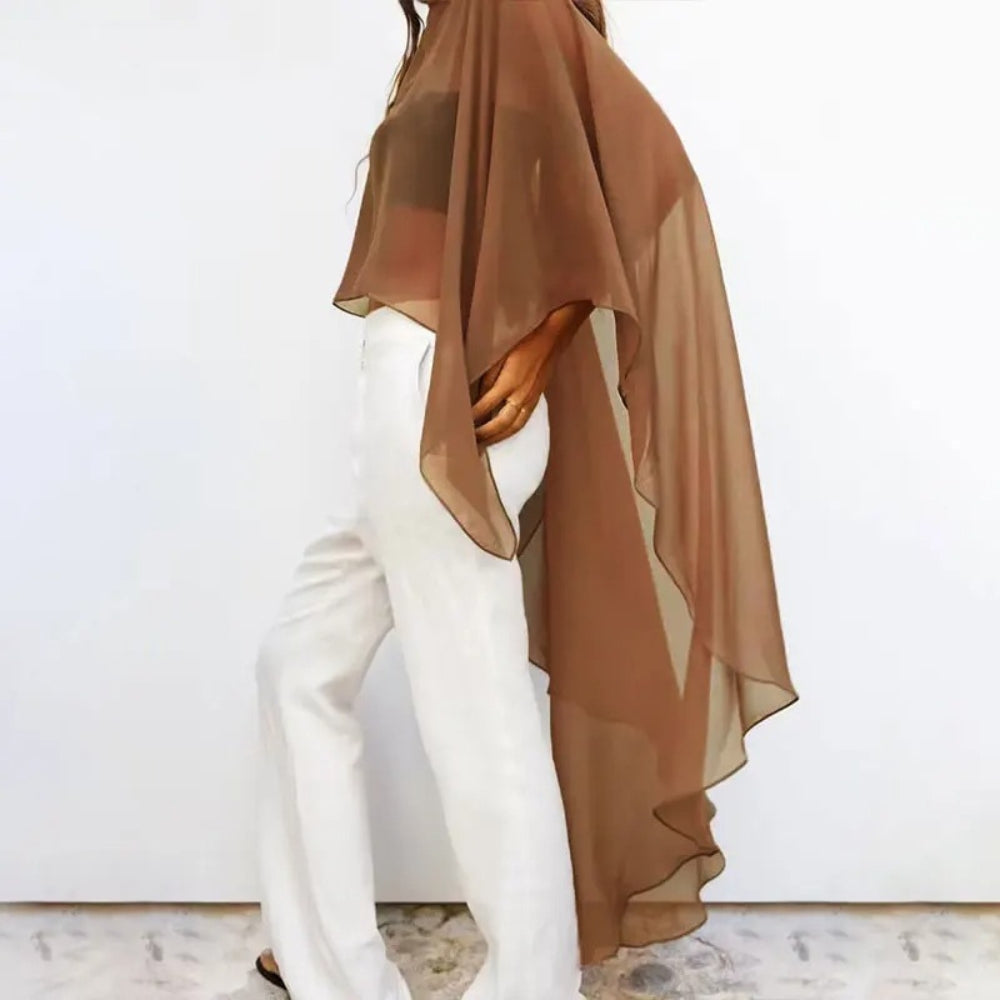 Cape poncho voile transparent femme beige drapé fluide sans manches vue de dos