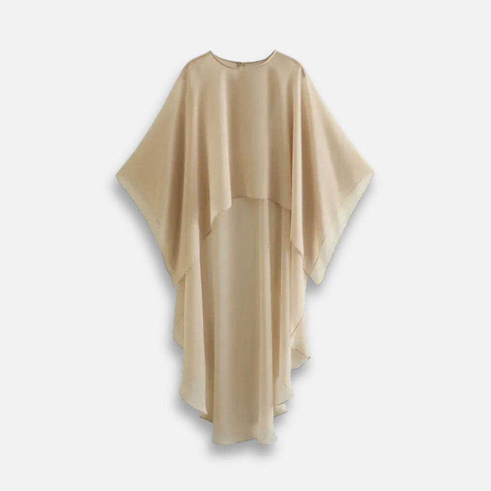 Cape poncho voile transparent femme beige clair sans manches, vue de face drapée