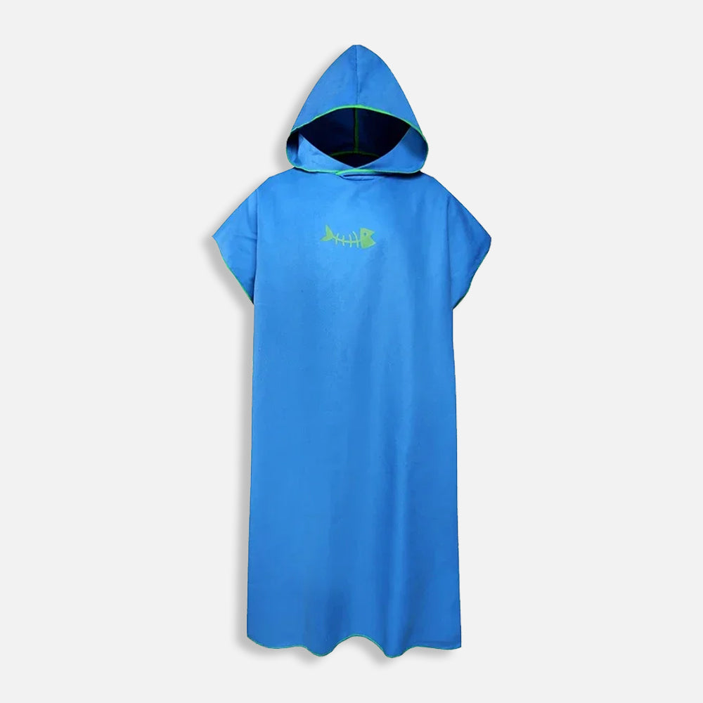 Poncho de bain microfibre bleu adulte avec capuche et motif arête de poisson vert