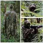 Poncho camouflage feuillage 3D vert et marron porté homme forêt avec capuche