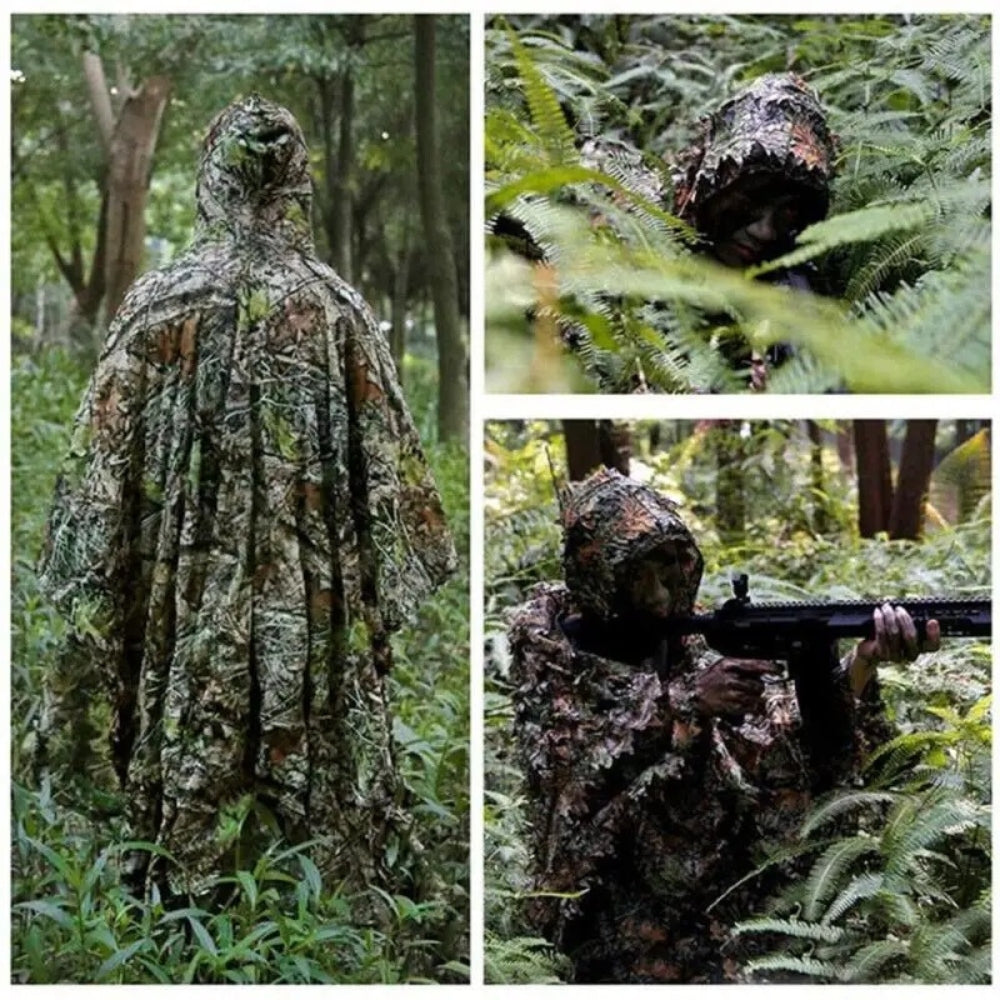 Poncho camouflage feuillage 3D vert et marron porté homme forêt avec capuche