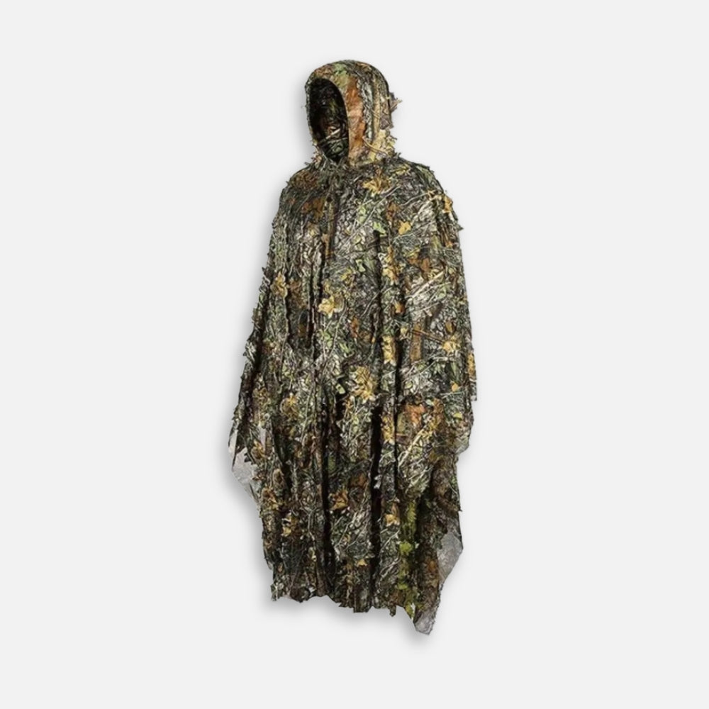 Poncho camouflage 3D feuillage vert marron avec capuche, vue de face sur mannequin
