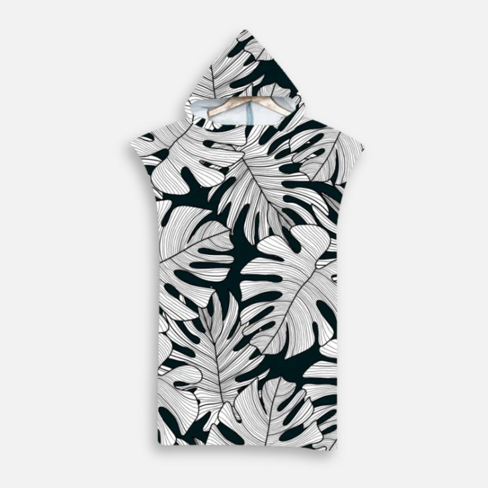 Poncho de bain microfibre adulte noir et blanc avec capuche et motif feuilles stylisées